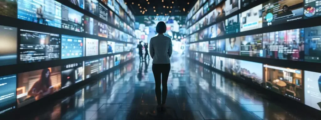 Navigating the Future: How AI Search Platforms Are Transforming Information Retrieval 2 A person walking down a corridor of computer screens that symbolize the top AI search platforms