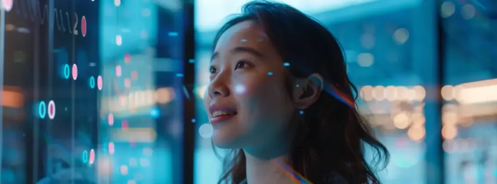 Navigating the Future: How AI Search Platforms Are Transforming Information Retrieval 3 A woman looks a virtual screen connected to one of the top AI search platforms
