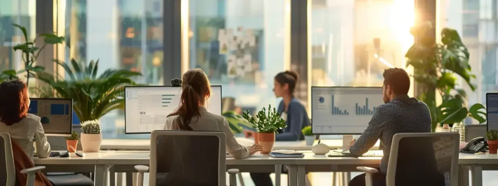 Implementing Knowledge Management Software in Business Operations 2 Employees sitting at their desks and using a knowledge management software guide